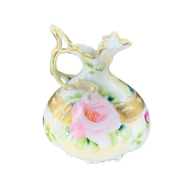 Antique Nippon Hand Painted Green Vase Pitcher Ewer Floral Gold Trim Porcelain - Picture 2 of 16